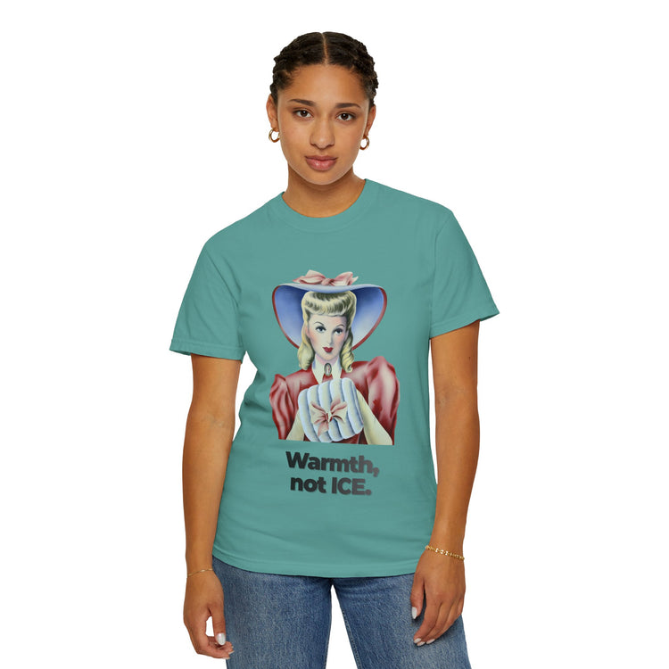 "Warmth, not ICE" Vintage Portrait Tee | Pro-Immigrant Activism | Garment-Dyed Heavyweight Crewneck
