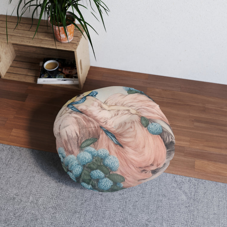 Hortense by Louis Icart | Round Tufted Floor Pillow | Art Deco Home Decor