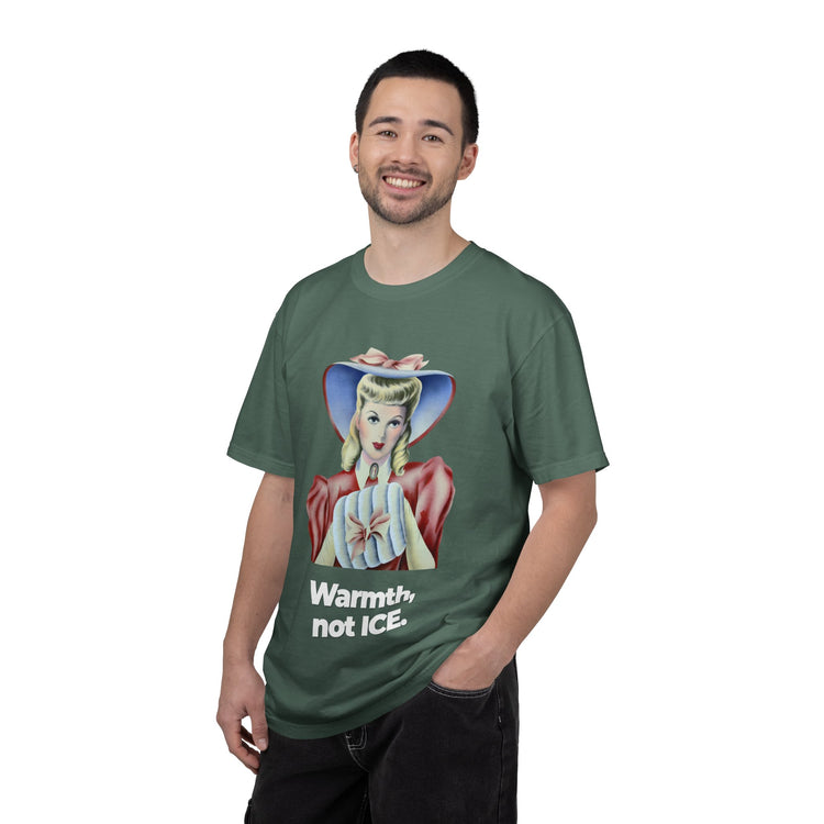 "Warmth, not ICE" Vintage Portrait Tee | Pro-Immigrant Activism | Garment-Dyed Heavyweight Crewneck