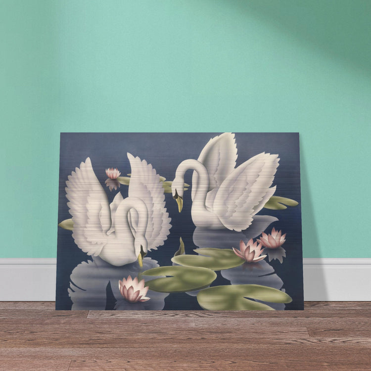 Turner Swans and Lillies Brushed Aluminum Print | Vintage Bird Lithograph Metal Art