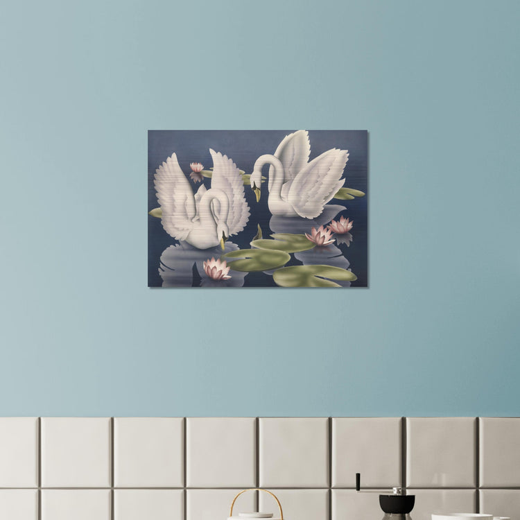 Turner Swans and Lillies Brushed Aluminum Print | Vintage Bird Lithograph Metal Art
