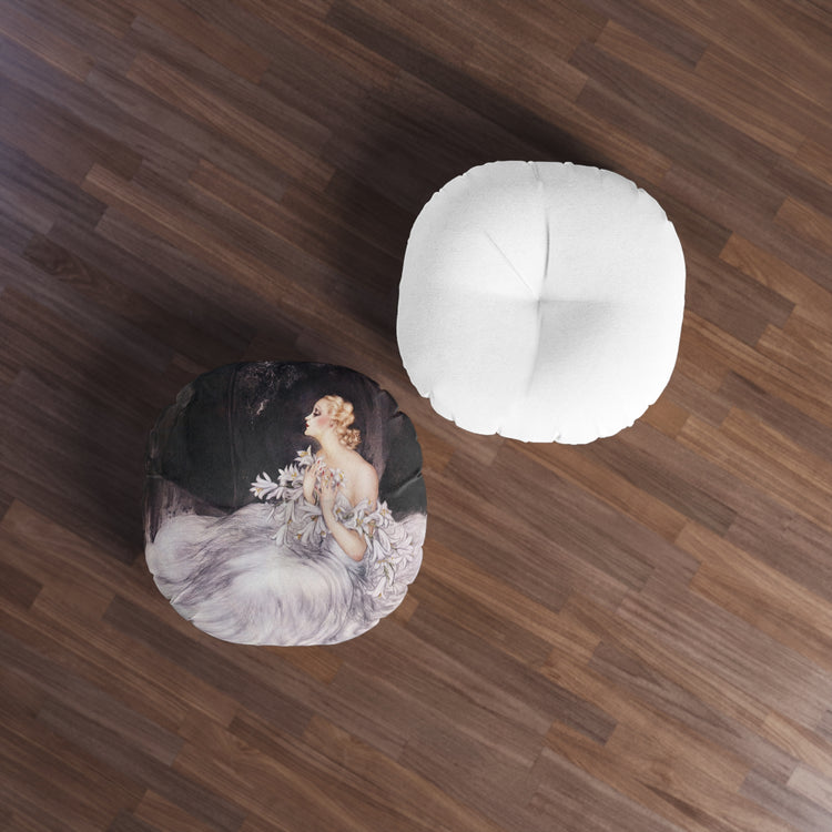 Lilies by Louis Icart | Round Tufted Floor Pillow | Art Deco Home Decor
