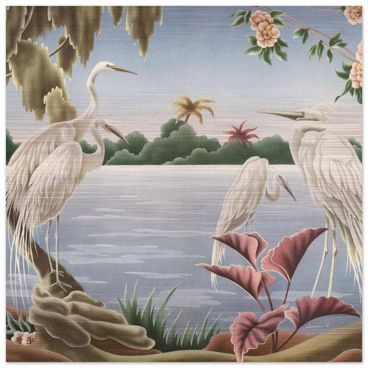 Turner Egrets Brushed Aluminum Print | Vintage Lakeside Bird Lithograph Metal Art