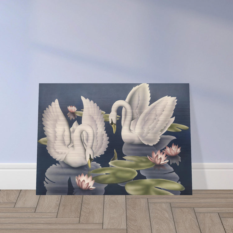 Turner Swans and Lillies Brushed Aluminum Print | Vintage Bird Lithograph Metal Art