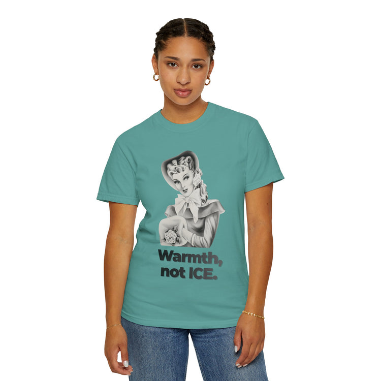 "Warmth, not ICE" Vintage Portrait Tee | Pro-Immigrant Activism | Garment-Dyed Heavyweight Crewneck