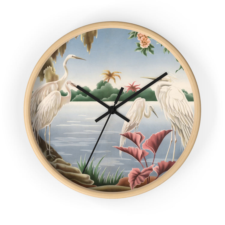 Turner Egrets Wall Clock — Vintage Lakeside Bird Lithograph Home Decor