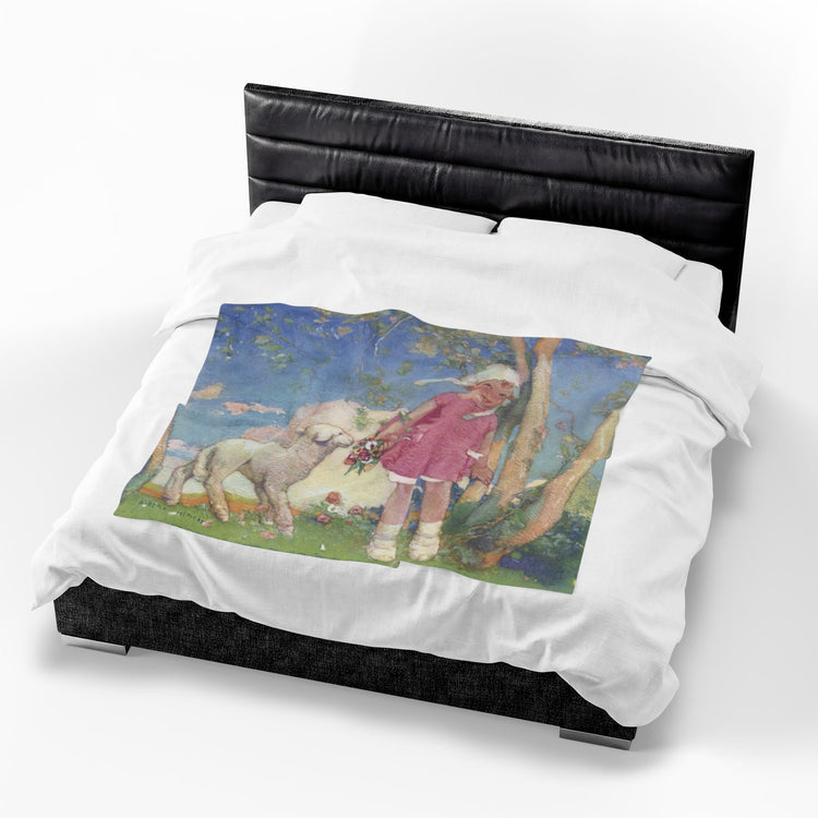 Mary and Her Little Lamb by Albert Hencke | Vintage Nursery Rhyme Illustration | Velveteen Plush Blanket