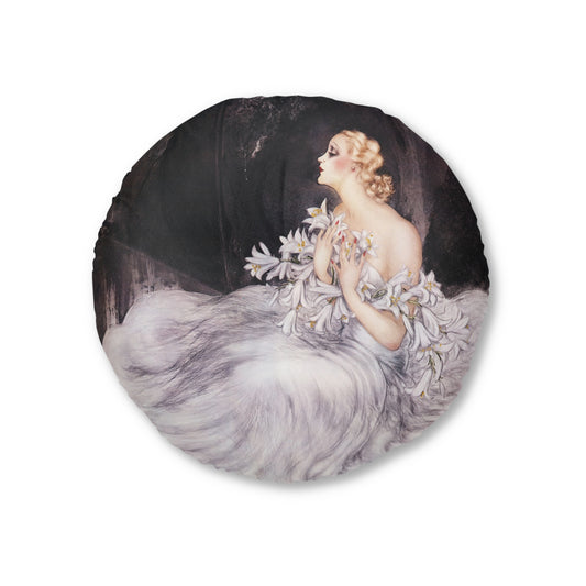 Lilies by Louis Icart | Round Tufted Floor Pillow | Art Deco Home Decor