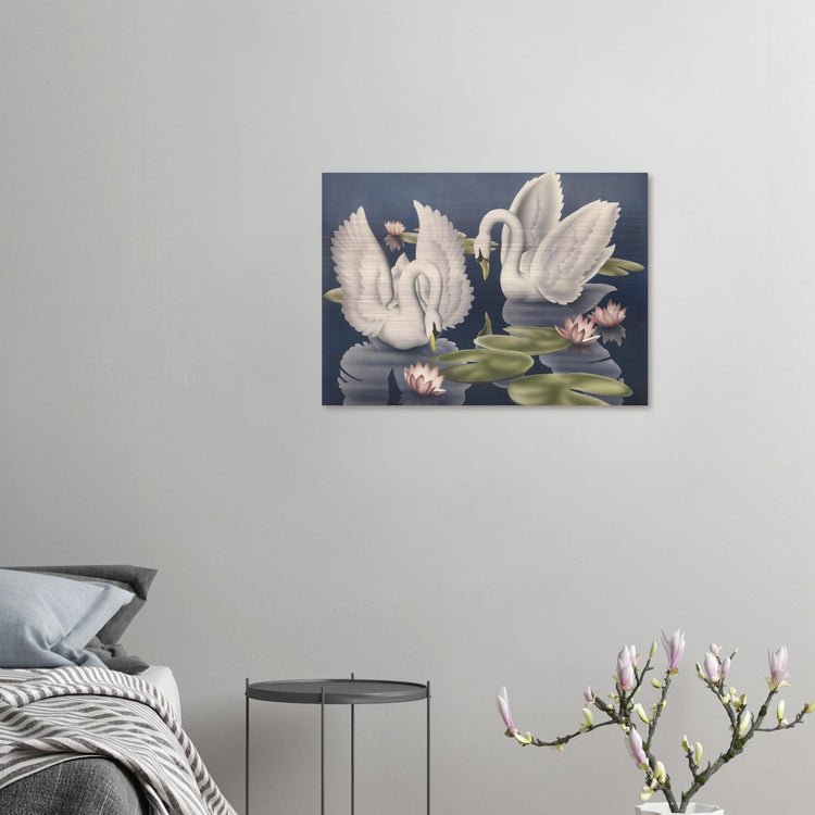 Turner Swans and Lillies Brushed Aluminum Print | Vintage Bird Lithograph Metal Art
