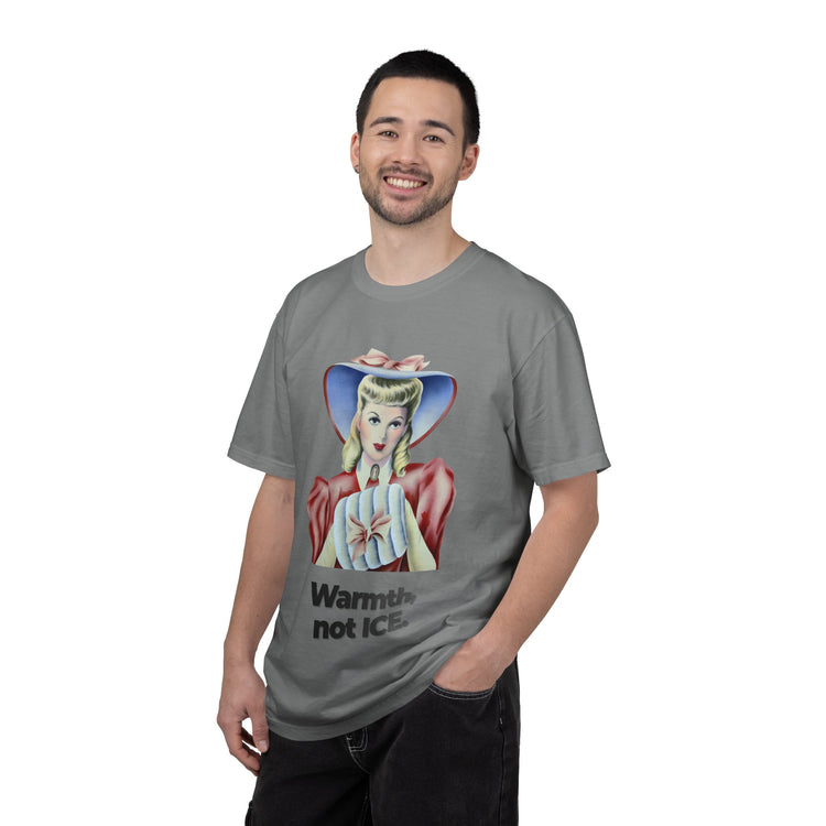 "Warmth, not ICE" Vintage Portrait Tee | Pro-Immigrant Activism | Garment-Dyed Heavyweight Crewneck
