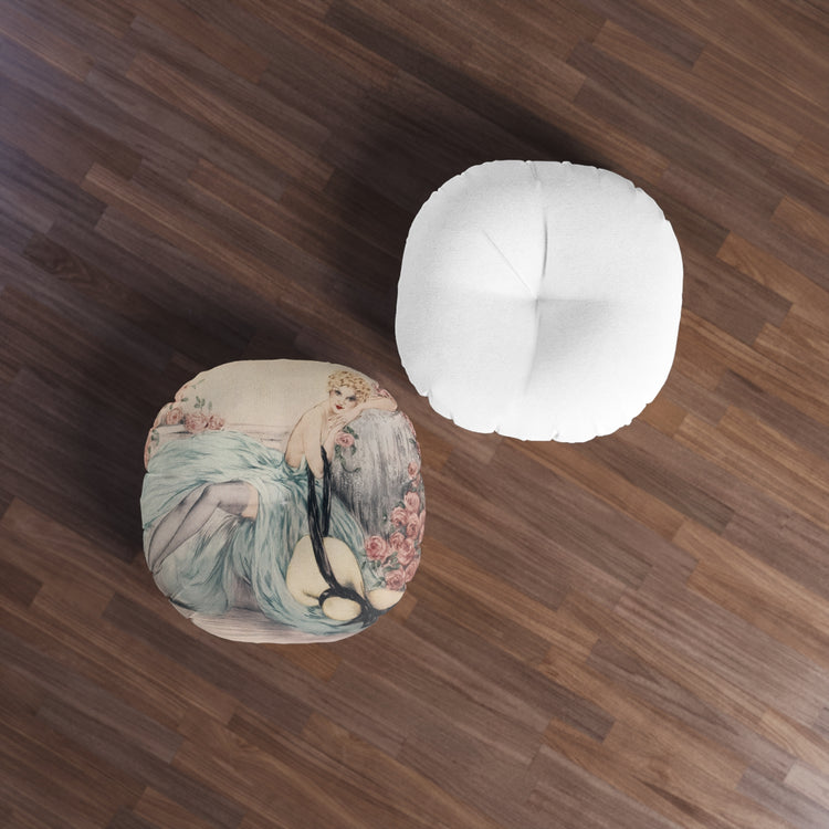 La Belle Rose by Louis Icart | Round Tufted Floor Pillow | Art Deco Home Decor