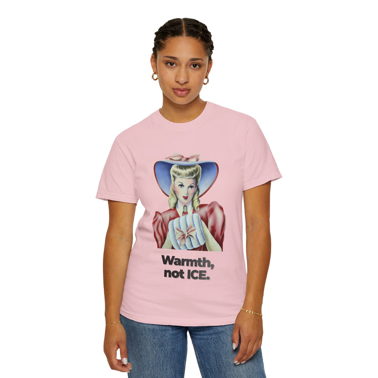 "Warmth, not ICE" Vintage Portrait Tee | Pro-Immigrant Activism | Garment-Dyed Heavyweight Crewneck