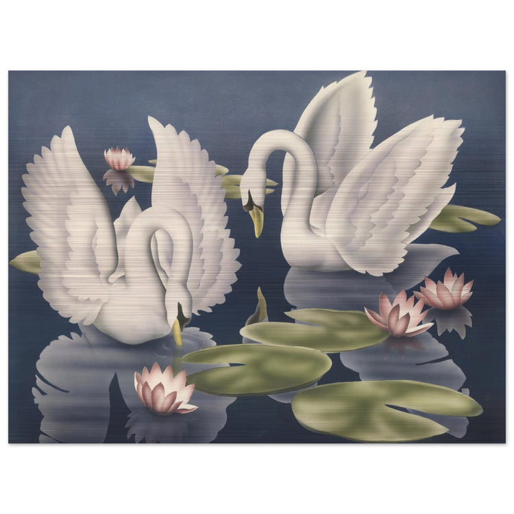 Turner Swans and Lillies Brushed Aluminum Print | Vintage Bird Lithograph Metal Art