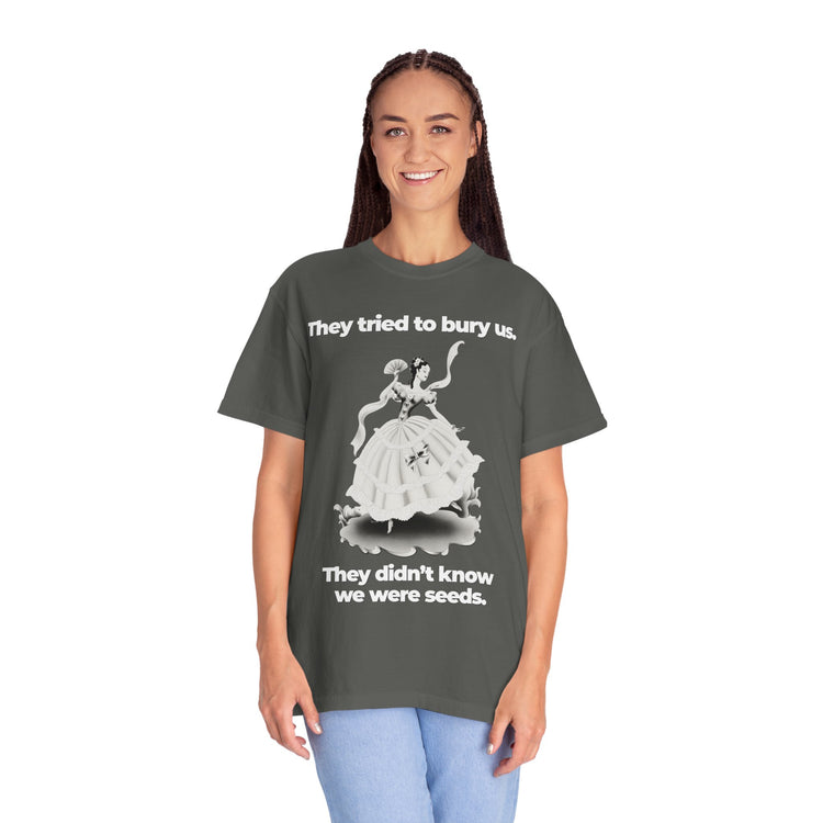 "They Tried to Bury Us" Vintage Portrait Tee | Immigrant & Queer Resilience | Garment-Dyed Heavyweight Crewneck