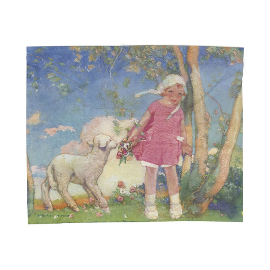 Mary and Her Little Lamb by Albert Hencke | Vintage Nursery Rhyme Illustration | Velveteen Plush Blanket