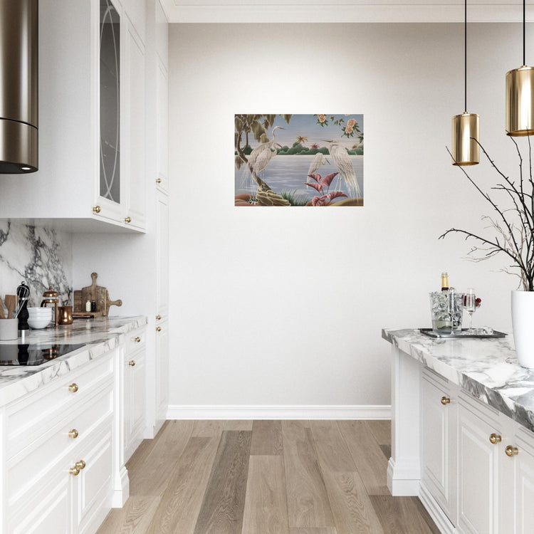 Turner Egrets Brushed Aluminum Print | Vintage Lakeside Bird Lithograph Metal Art