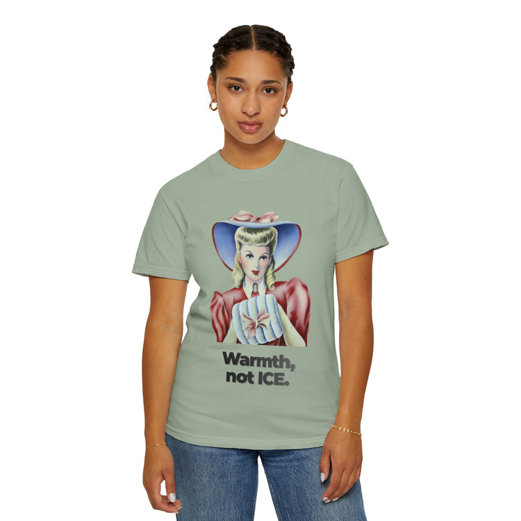 "Warmth, not ICE" Vintage Portrait Tee | Pro-Immigrant Activism | Garment-Dyed Heavyweight Crewneck