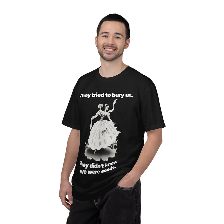 "They Tried to Bury Us" Vintage Portrait Tee | Immigrant & Queer Resilience | Garment-Dyed Heavyweight Crewneck