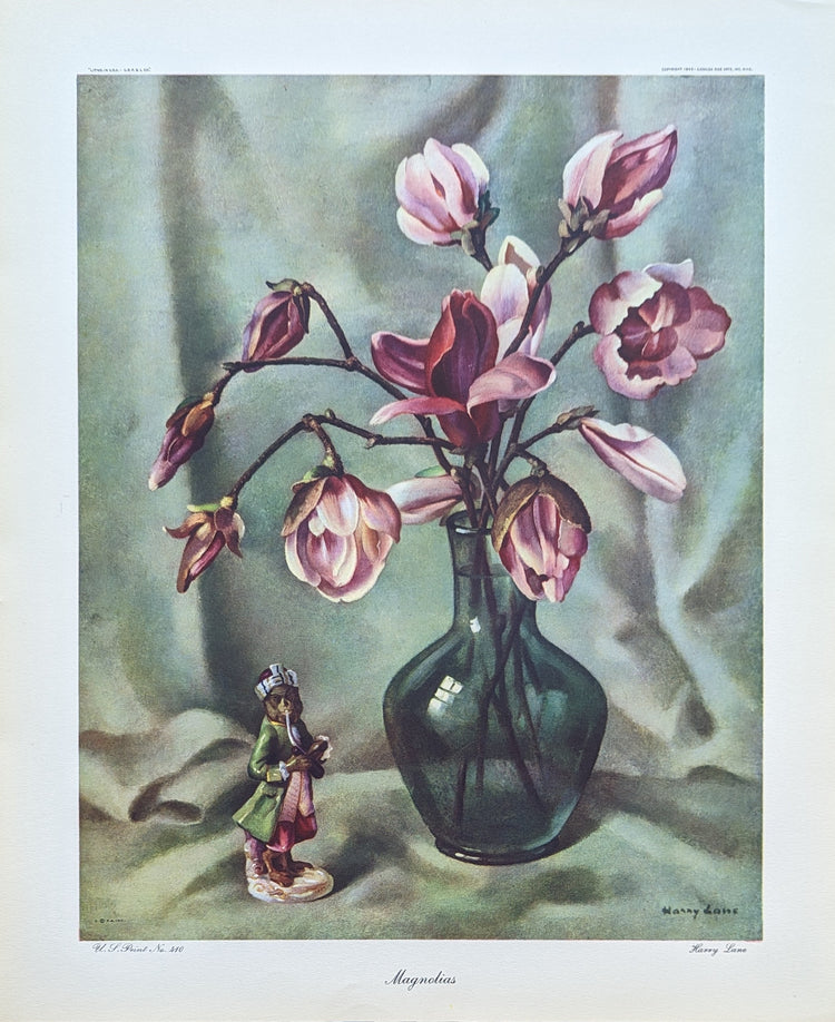 Magnolias by Harry Lane | 1945 Vintage Lithograph | Still Life Floral Wall Art