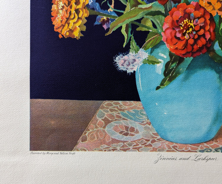 Zinnias and Larkspur by Mary and Nelson Grofe | 1940s Vintage Lithograph | Still Life Floral Wall Art