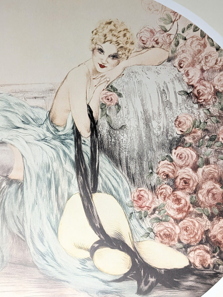 La Belle Rose by Louis Icart | 1974 Art Deco Reproduction | Offset Lithograph | Romantic French Art Deco Style