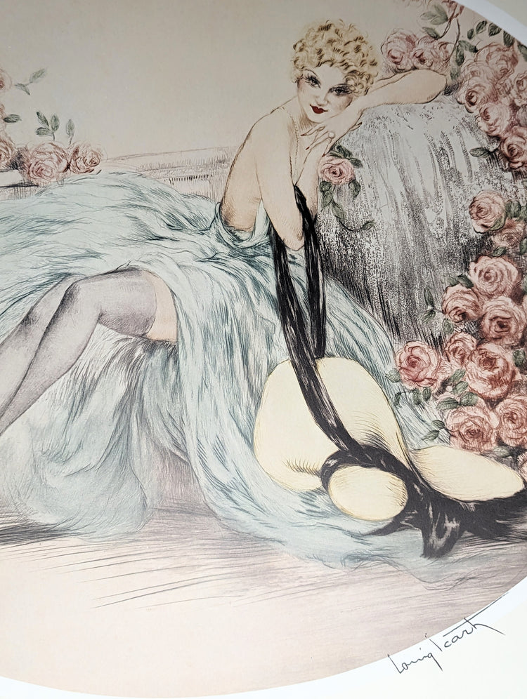 La Belle Rose by Louis Icart | 1974 Art Deco Reproduction | Offset Lithograph | Romantic French Art Deco Style
