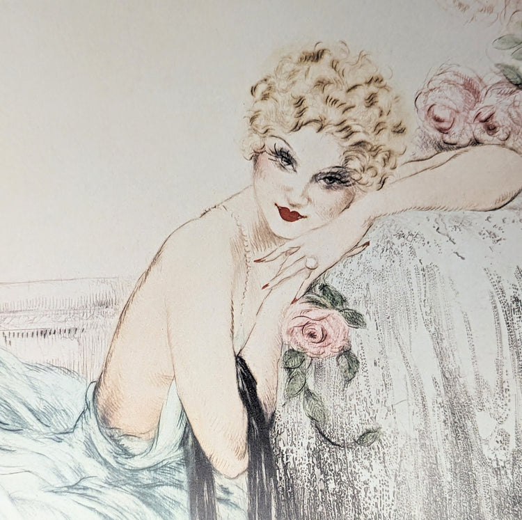 La Belle Rose by Louis Icart | 1974 Art Deco Reproduction | Offset Lithograph | Romantic French Art Deco Style