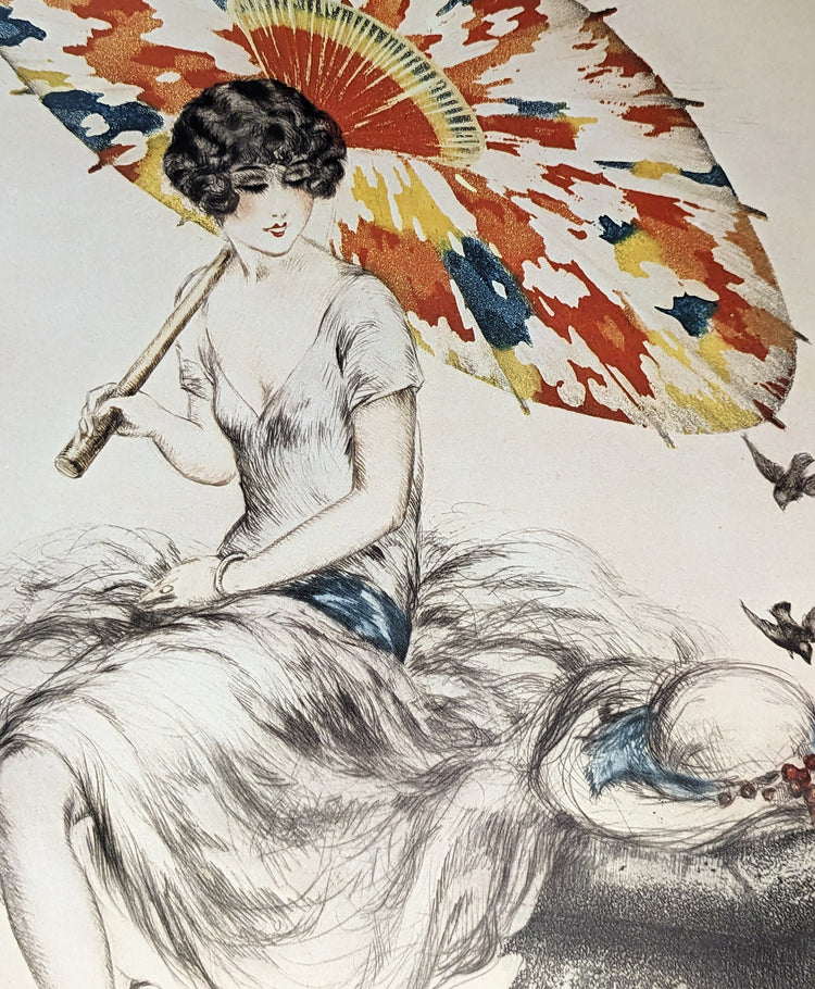Parasol by Louis Icart | 1920s Art Deco Print | Offset Lithograph | Romantic French Interior Style