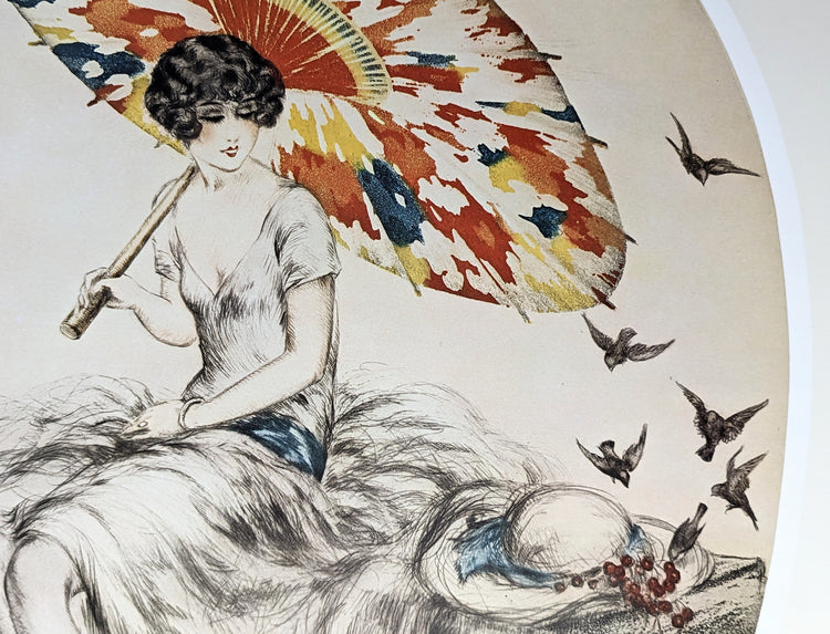Parasol by Louis Icart | 1920s Art Deco Print | Offset Lithograph | Romantic French Interior Style