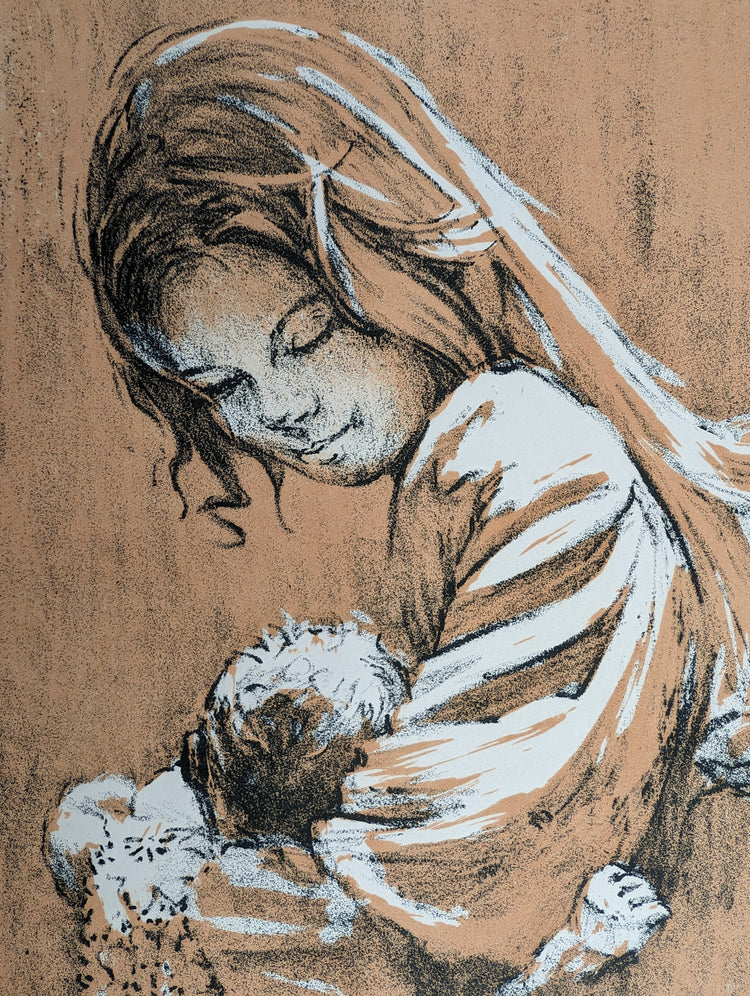 Mother and Baby by Frank Palmieri | 1970s Signed Lithograph | Vintage Family Wall Art