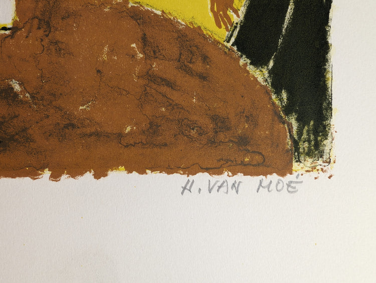 Untitled Woman with Cat by Henri Van Moe | 1960s Signed Lithograph | Mid-Century Modern Wall Art