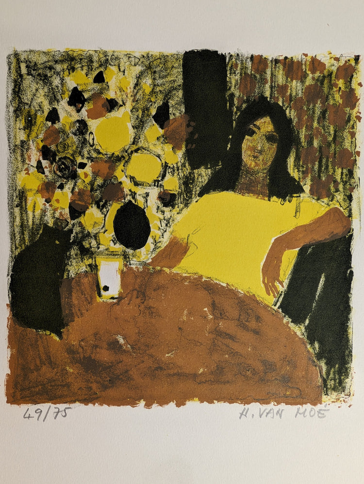 Untitled Woman with Cat by Henri Van Moe | 1960s Signed Lithograph | Mid-Century Modern Wall Art