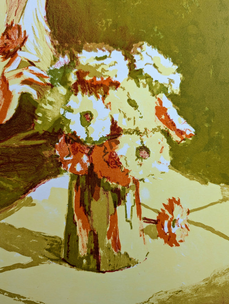 Girl Arranging Flowers by Frank Palmieri, vintage signed and serial numbered stone lithograph circa 1970