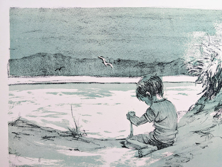 Boy on the Beach by Frank Palmieri | 1970s Signed Lithograph | Coastal Childhood Wall Art