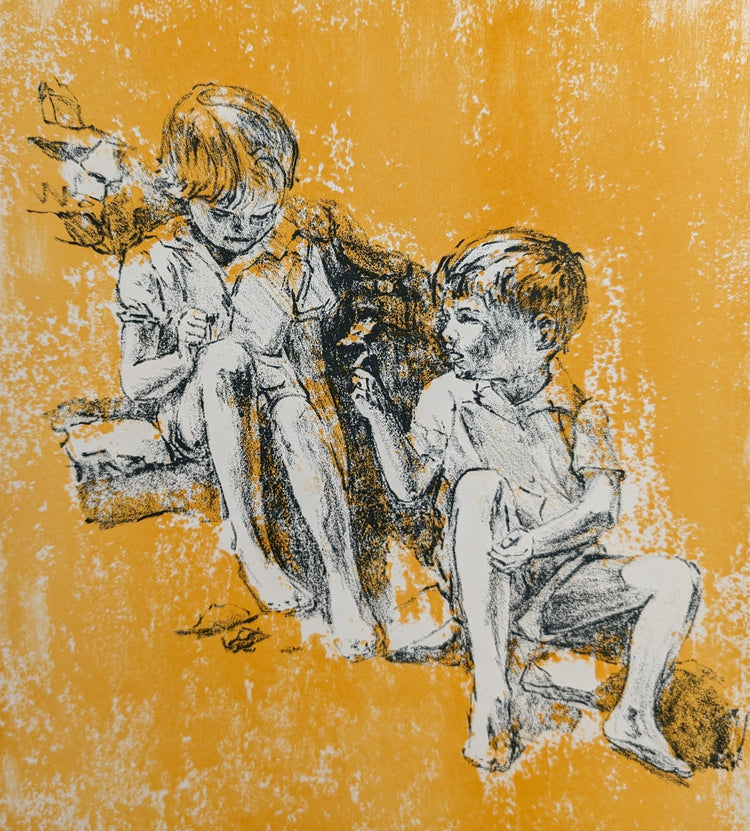 Boy Giving Flower by Frank Palmieri | 1970s Signed Lithograph | Sentimental Childhood Wall Art