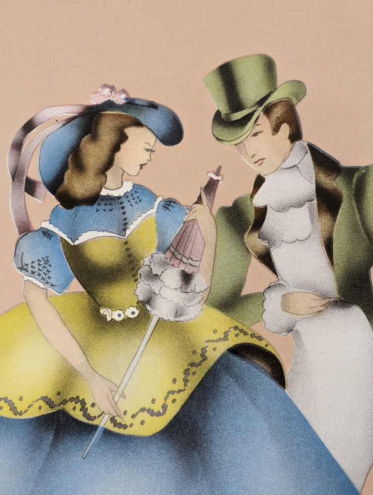 Beautytone Couples Curtseying in Peach by Terone | 1943 Vintage Lithograph | Regency Wall Art