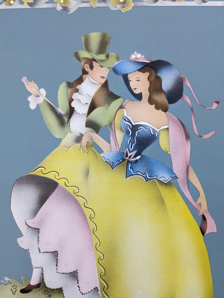 Beautytone Couples Dancing in Blue by Terone | 1943 Vintage Lithograph | Regency Wall Art