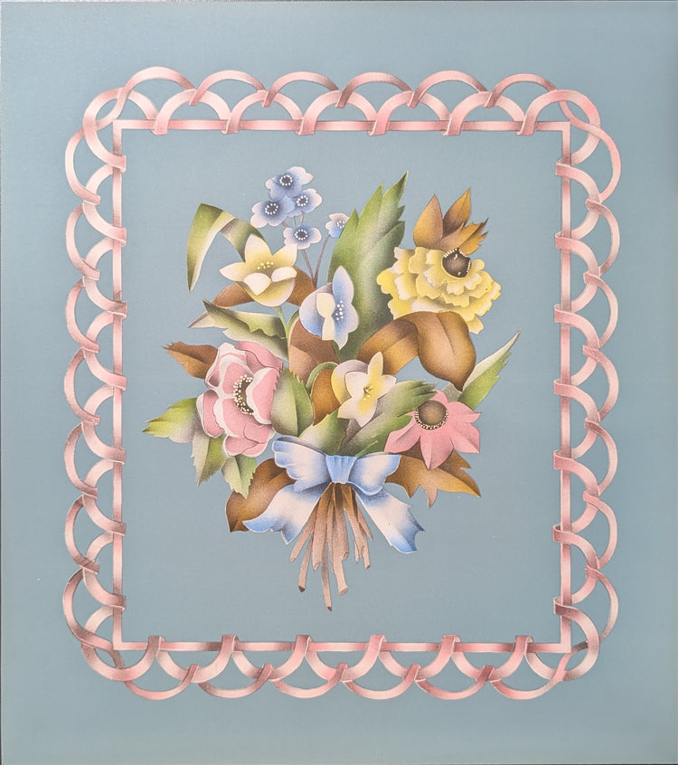 Beautytone Bouquet with Border in Blue by Terone | 1943 Vintage Lithograph | Cottagecore Wall Art