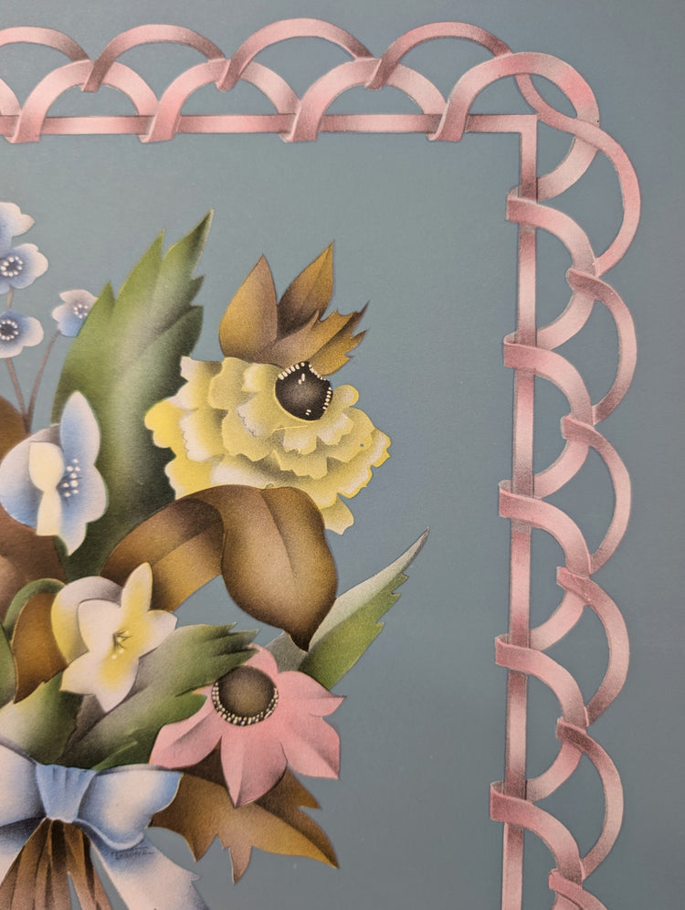 Beautytone Bouquet with Border in Blue by Terone | 1943 Vintage Lithograph | Cottagecore Wall Art