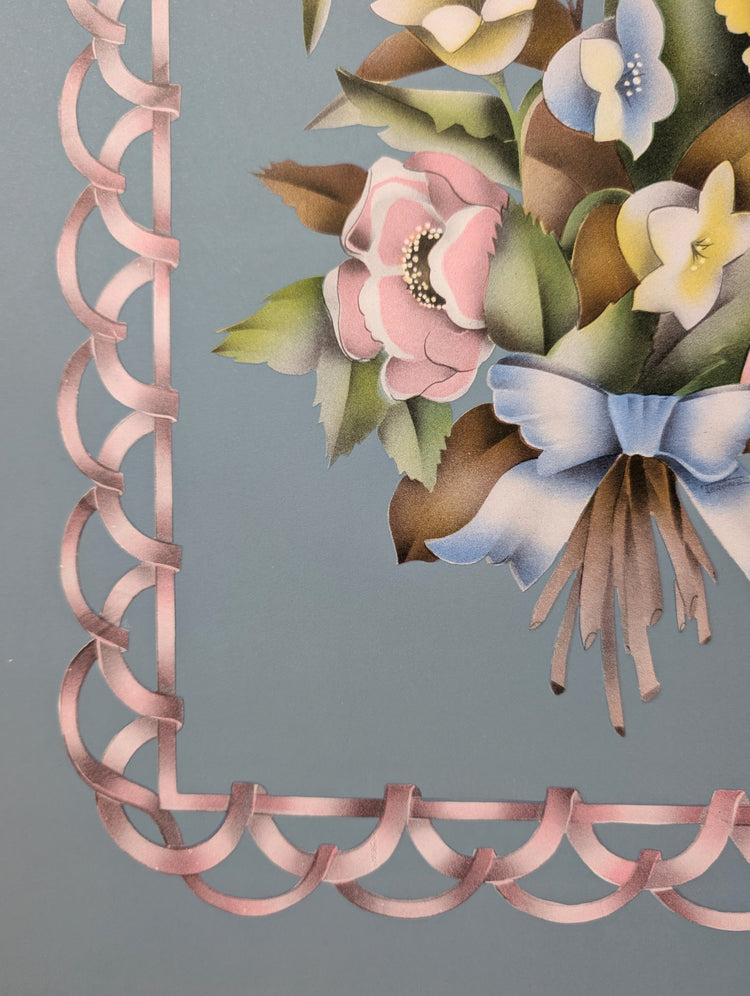 Beautytone Bouquet with Border in Blue by Terone | 1943 Vintage Lithograph | Cottagecore Wall Art