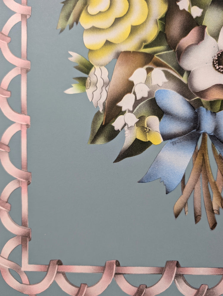 Beautytone Bouquet with Border in Blue by Terone | 1943 Vintage Lithograph | Cottagecore Wall Art