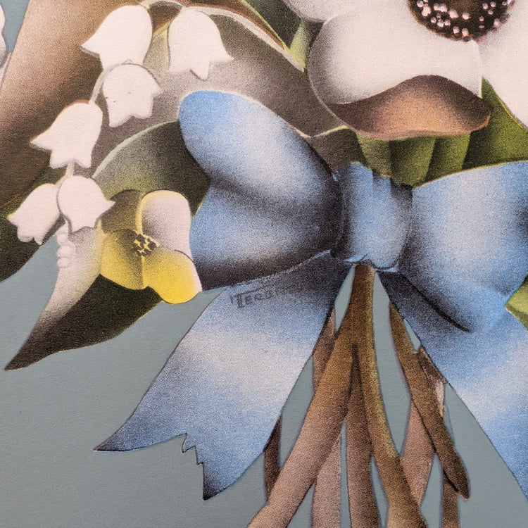 Beautytone Bouquet with Border in Blue by Terone | 1943 Vintage Lithograph | Cottagecore Wall Art