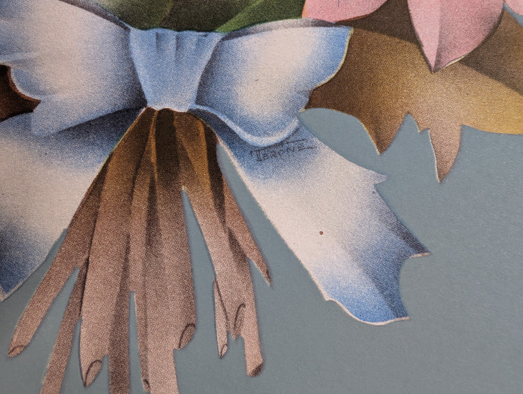 Beautytone Bouquet with Border in Blue by Terone | 1943 Vintage Lithograph | Cottagecore Wall Art
