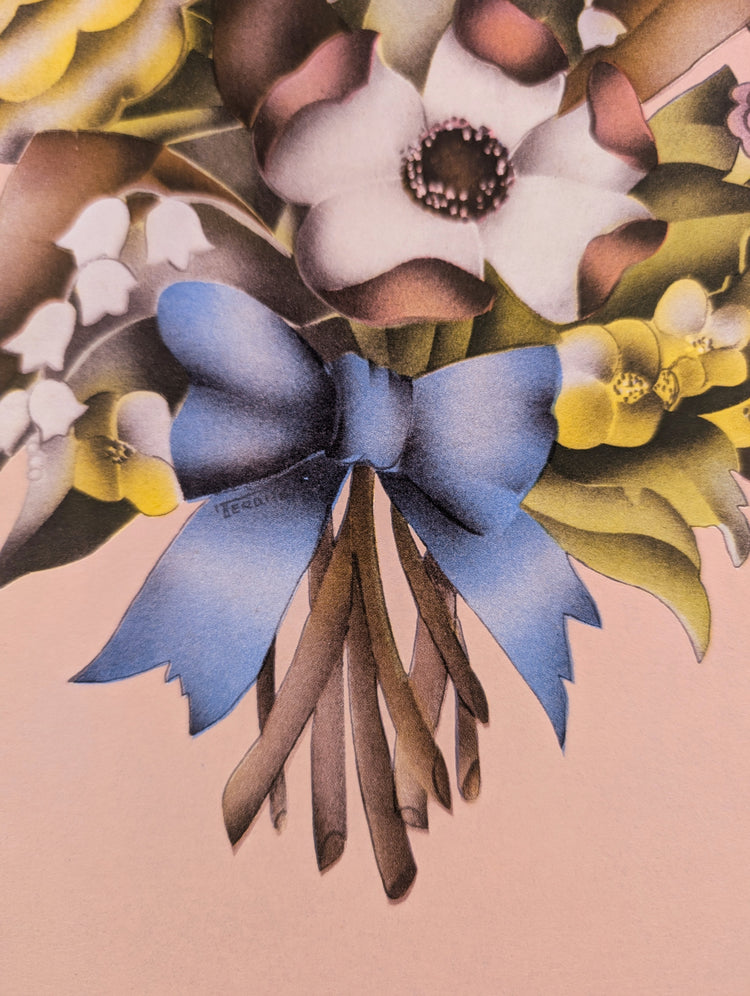 Beautytone Bouquet with Border in Peach by Terone | 1943 Vintage Lithograph | Romantic Cottagecore Wall Art