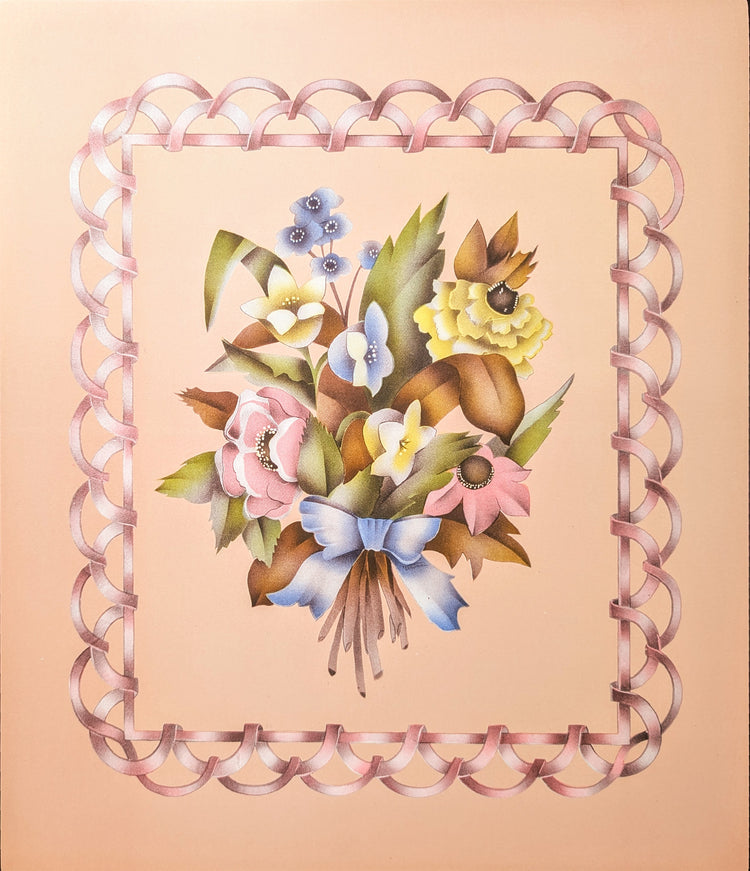 Beautytone Bouquet with Border in Peach by Terone | 1943 Vintage Lithograph | Romantic Cottagecore Wall Art