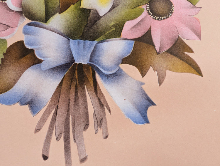 Beautytone Bouquet with Border in Peach by Terone | 1943 Vintage Lithograph | Romantic Cottagecore Wall Art