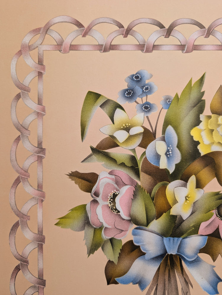 Beautytone Bouquet with Border in Peach by Terone | 1943 Vintage Lithograph | Romantic Cottagecore Wall Art