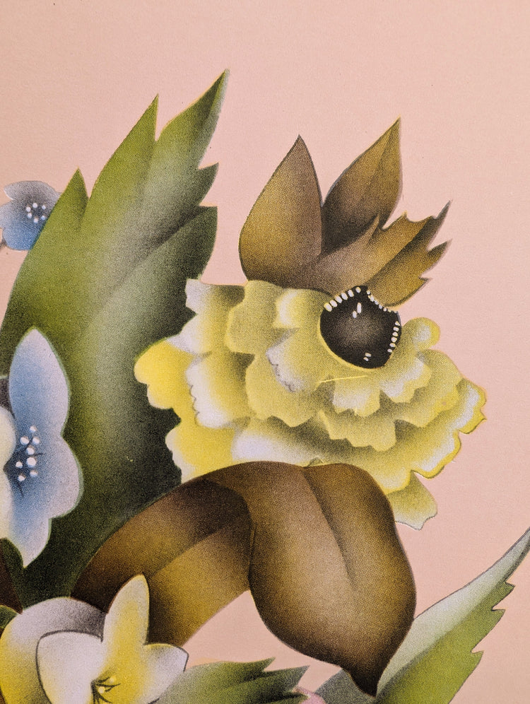 Beautytone Bouquet with Border in Peach by Terone | 1943 Vintage Lithograph | Romantic Cottagecore Wall Art
