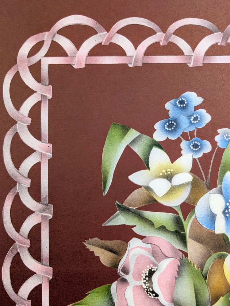 Beautytone Bouquet with Border in Dubonnet by Terone | 1943 Vintage Lithograph | Romantic Cottagecore Wall Art
