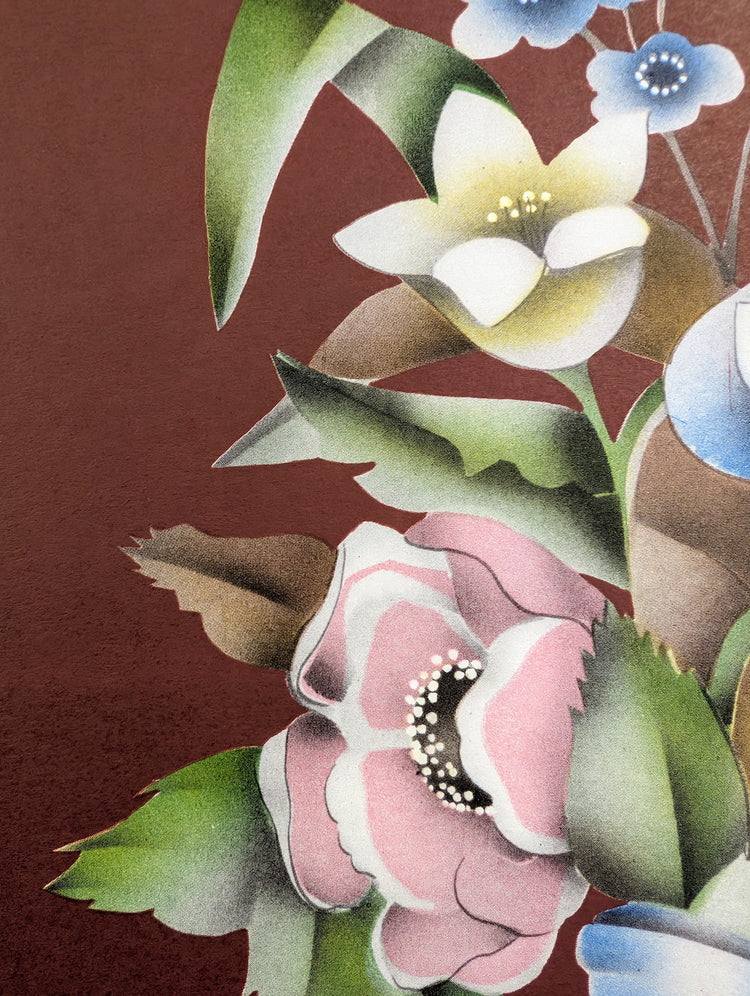 Beautytone Bouquet with Border in Dubonnet by Terone | 1943 Vintage Lithograph | Romantic Cottagecore Wall Art